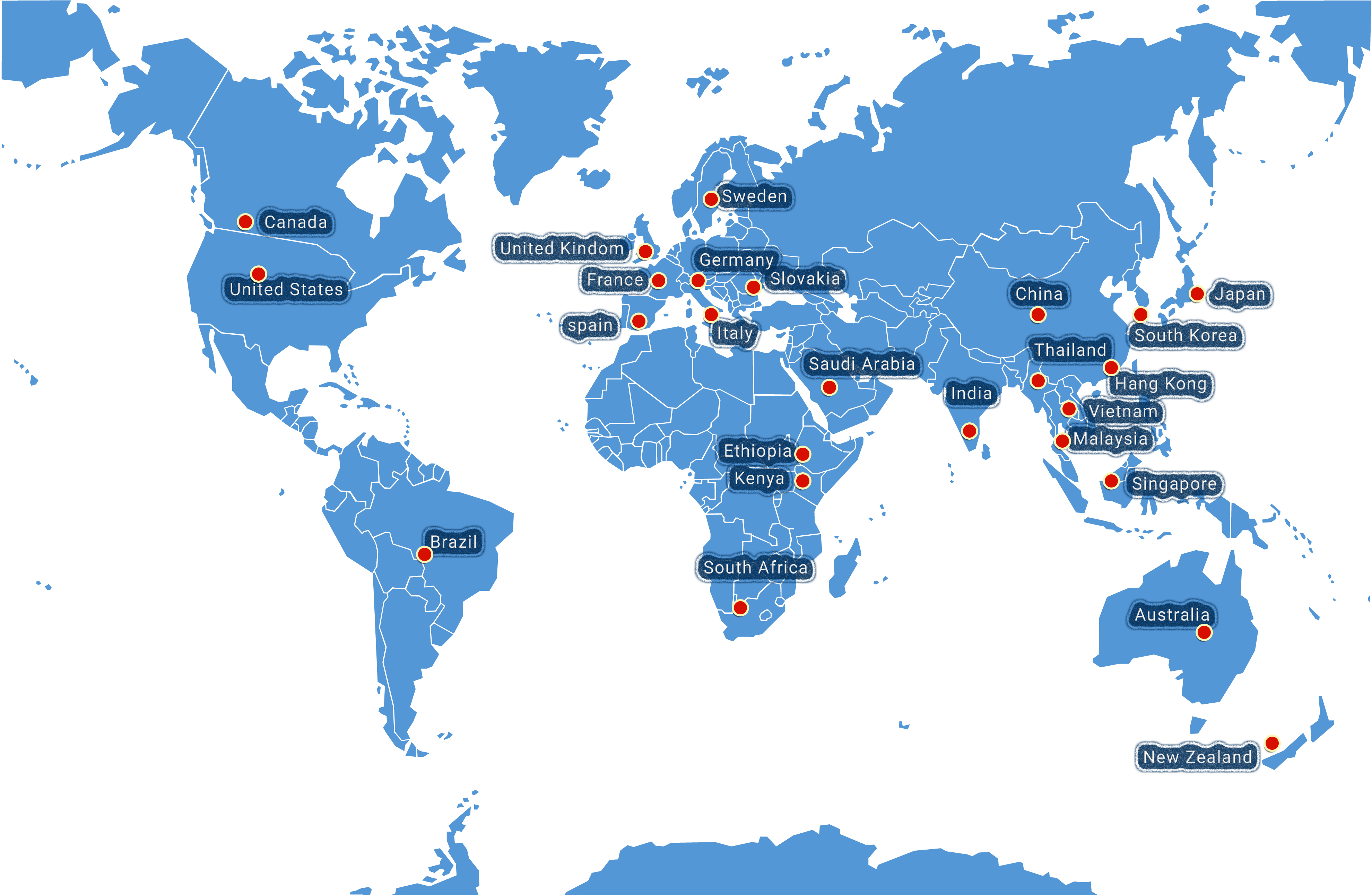 World map displaying Fulfillant's global fulfillment center locations with country labels and red markers, including points in United States, Canada, Brazil, United Kingdom, France, Spain, Germany, Slovakia, Italy, Sweden, Saudi Arabia, India, Ethiopia, Kenya, South Africa, China, Thailand, Hong Kong, Vietnam, Malaysia, Singapore, Japan, South Korea, Australia, and New Zealand.